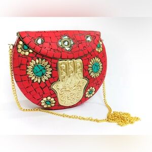 Chic Red and Gold Crossbody Bag with Mosaic Design